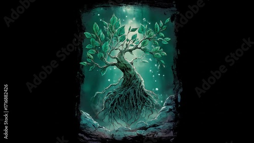 Mystical, glowing tree, rooted in a dark, enchanting forest.