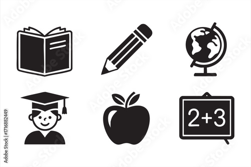 Academic study icons vector collection with pencil, globe, and graduation cap designs