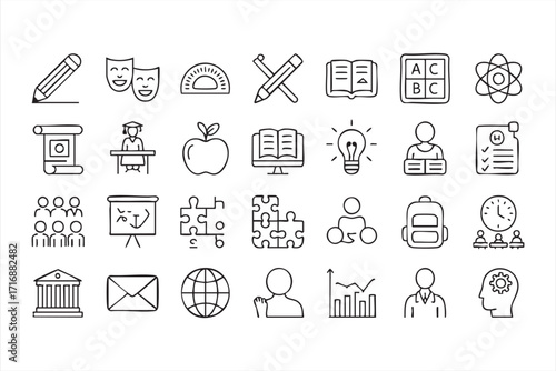 Student and teacher icons set with creative, academic, and study materials