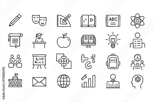 Outline vector illustration of school and knowledge icons with teaching concepts