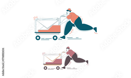 A Running Mailman Delivering Envelopes with a Cart