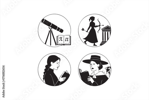 Vector illustration of women in science with telescope, books, and study themes