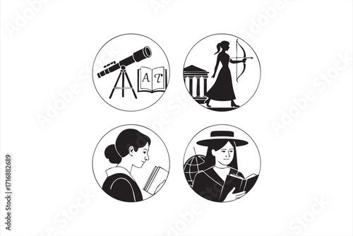 Female academic icons collection featuring history, knowledge, and learning designs