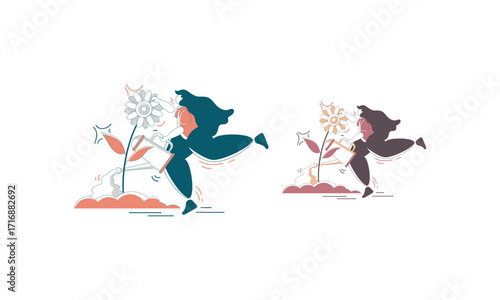 Woman Running and Watering a Flower with a Watering Can