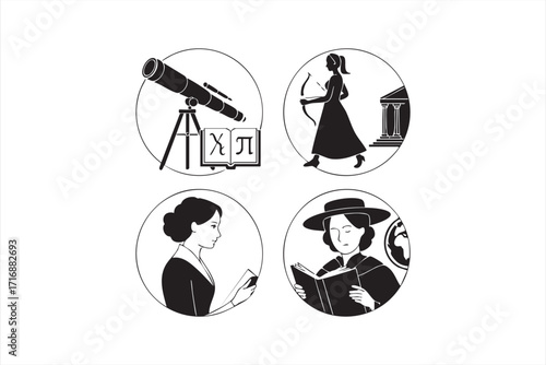 Women scientists icons set with education, astronomy, and mathematics elements