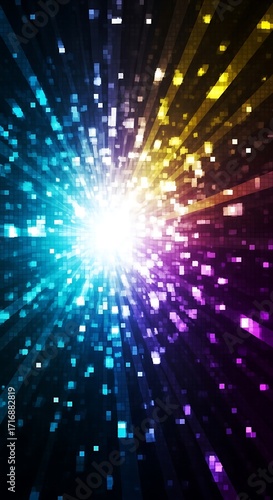 Vibrant multicolored light burst emanating outwards, creating a dynamic and energetic visual display