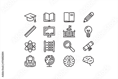 Modern vector education icons set with diploma, classroom, and research graphics