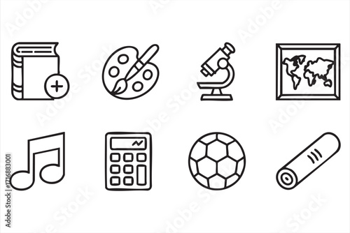 Vector education icons set with subjects including science, art, and music