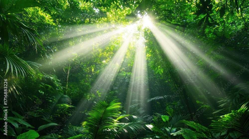 Fototapeta premium Sunbeams Illuminating Lush Rainforest Canopy