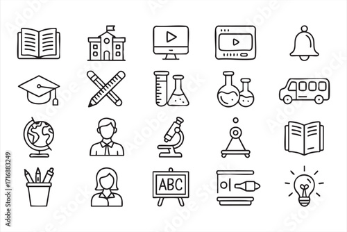 Modern outline education icons collection featuring study, teaching, and student designs