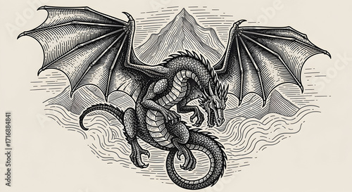 Dragon Spreading Wings Woodcut Style with Mountain Backdrop