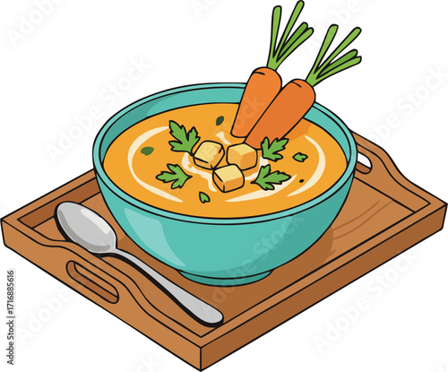 Vector Illustration of Carrot Soup in Turquoise Bowl on Wooden Serving Tray with Fresh Carrots, Parsley, Croutons, and Spoon for Restaurant Menu Design