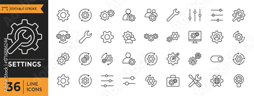 settings icon set. Editable stroke. Vector illustration