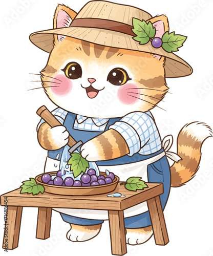 Cartoon cat wearing a hat and apron, making grape jam on a wooden table.