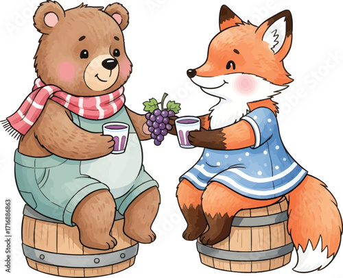 Cartoon bear and fox toasting with grape juice on barrels.