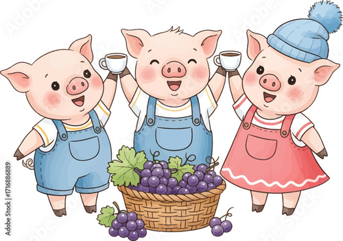 Three happy cartoon pigs toasting with cups of coffee or tea.