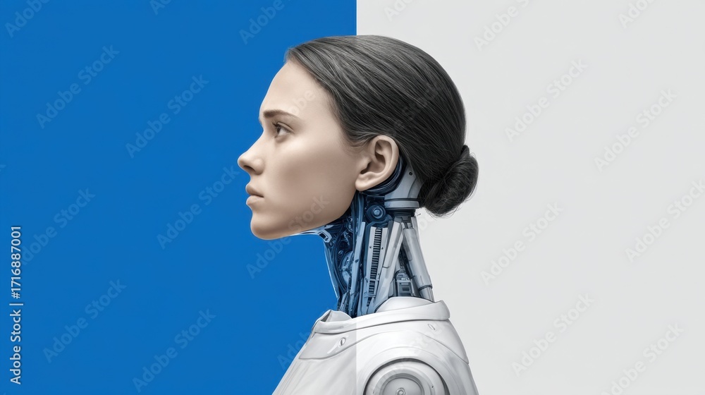 Fototapeta premium Futuristic humanoid robot concept with human-like features, showcasing advanced technology, combined artistry, and innovative design in a modern aesthetic