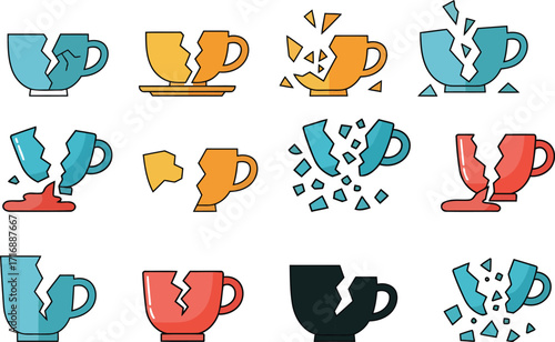 A collection showing a wide variety of broken mugs and cups 12 different shattered, cracked and spilling cups, shattered coffee cups some spilling liquid