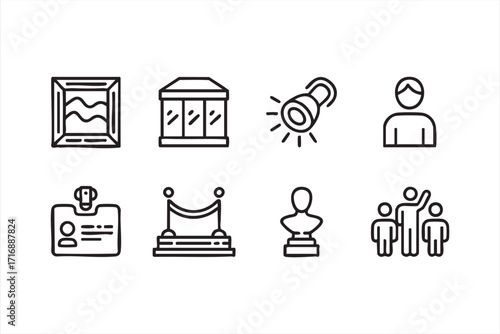 Cultural heritage and museum icon set featuring painting, statue, and architecture