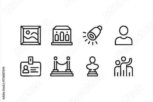 Outline vector illustration of museum icons with ticket, guide, and sculpture designs