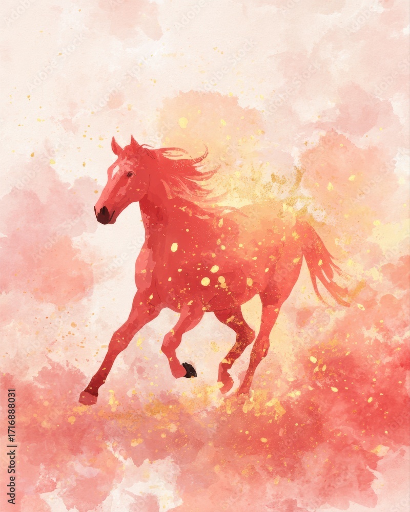 Fototapeta premium A majestic horse galloping through a sky filled with fluffy clouds, showcasing its strength and grace. The scene is reminiscent of a dreamlike setting