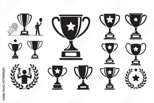 Vector pack of championship award icons with laurel wreaths and star cup designs
