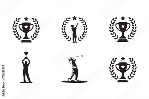 Vector graphic set of golf swing, trophy cups, and recognition symbols for championships