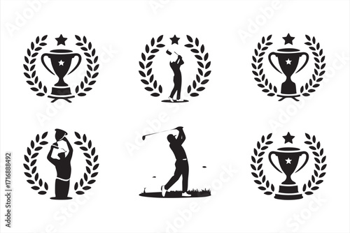 Vector golf icons with trophies, laurel wreaths, and athlete silhouettes for tournaments