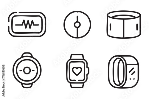 Vector wearable health technology icons including smartwatch, wristband, and trackers