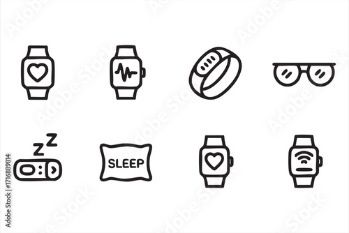 Health and fitness tracker icon set with pulse monitor, wristband, and connected devices
