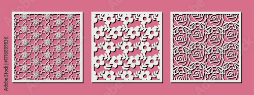 Decorative square panels with foral pattern. Cutout design with flowers for home interior decor, privacy screen, wall art, room divider, paper art. Template for laser, cnc, plasma and plotter cutting