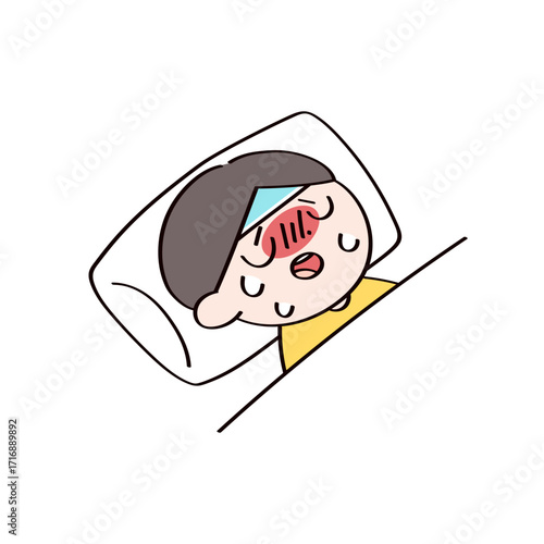 熱で辛そうな子供のイラスト