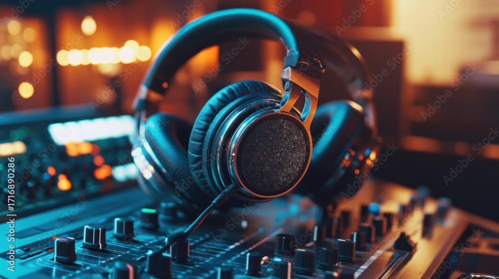 Fototapeta premium Headphones on mixing console in studio