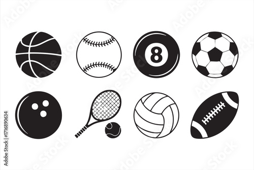 Black silhouette illustrations of tennis racket, football, and billiard 8 ball symbols