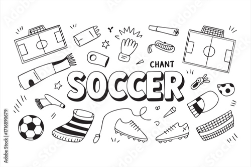 Sketch doodle sports pack of soccer game accessories for fan and player design