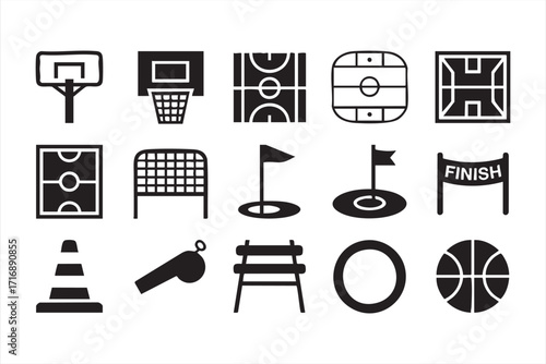 Comprehensive sports and game icon set covering courts, goals, and match elements