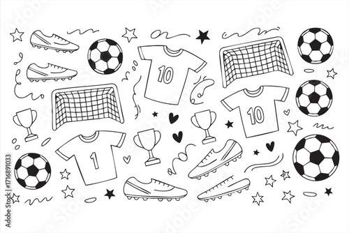 Doodle icons of soccer and football competition including goals, nets, and trophies