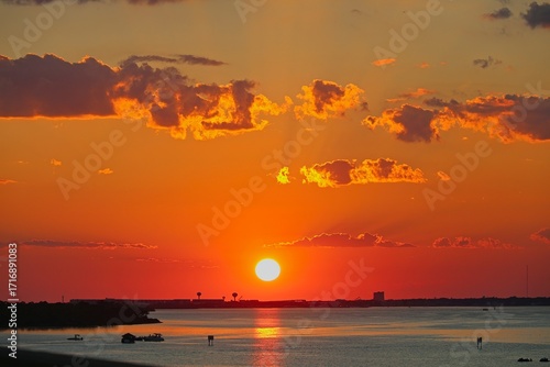A vibrant sunset glows over Choctawhatchee Bay in Destin, Florida