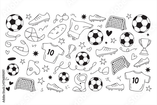 Vector doodle soccer and football elements including balls, trophies, and player gear