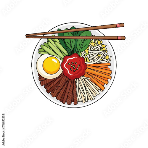 Topdown view delicious and colorful korean bibimbap served in bowl with chopsticks on top, isolated on transparent