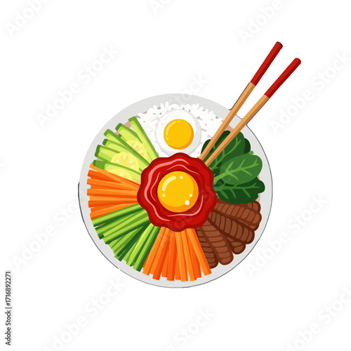 Korean bibimbap dish with rice, vegetables, meat, and egg, served in bowl with chopsticks, top view