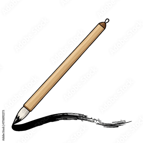 Traditional chinese calligraphy brush with wooden handle, creating black ink stroke on transparent