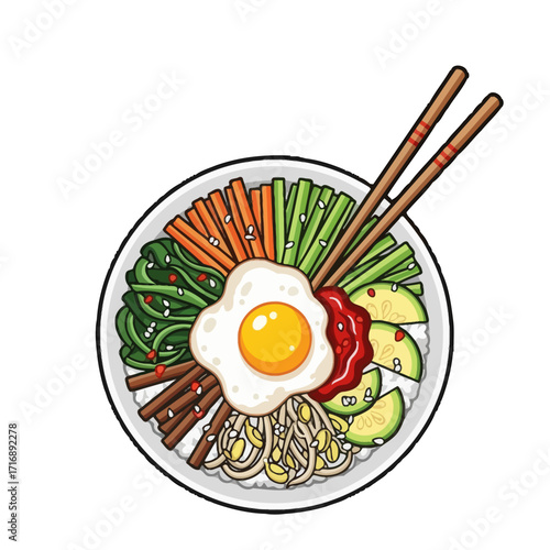 Top view bibimbap, korean mixed rice dish, in bowl with fried egg, vegetables, meat, and gochujang sauce, with chopsticks