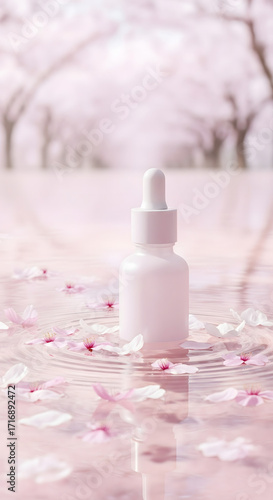 White dropper bottle in pink water with cherry blossoms blurred cherry blossom trees background
