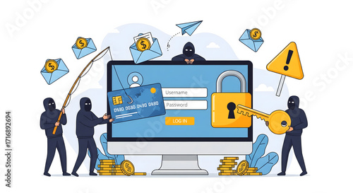 Computer screen displaying a login with a credit card padlock key and hooded figures Envelopes with dollar signs