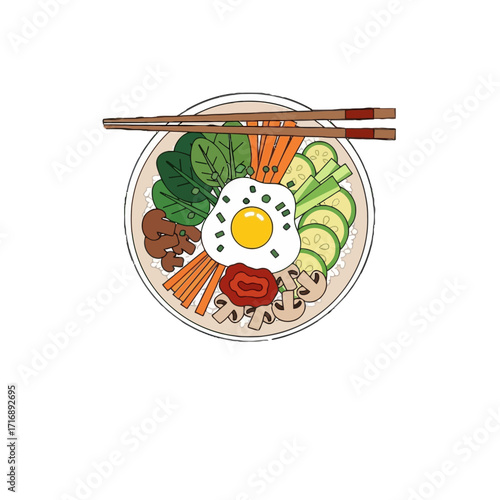 Delicious and colorful bowl bibimbap, traditional korean dish, featuring rice, fried egg, assorted vegetables, and meat, served with chopsticks