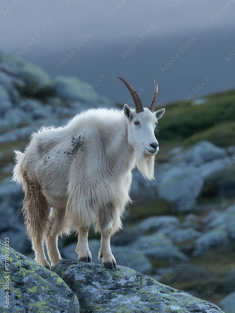 Obraz premium Majestic Mountain Goat Standing on Rocky Terrain in a Misty Alpine Environment, Wildlife Portrait