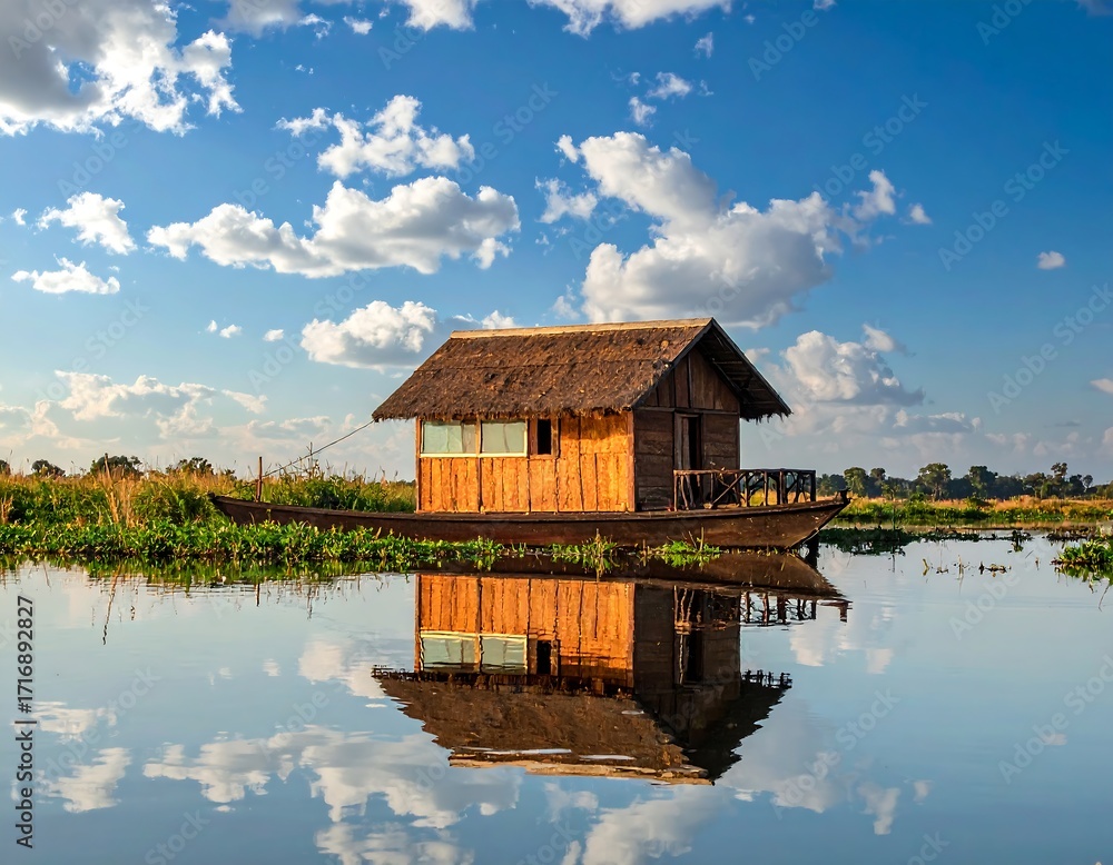 Fototapeta premium Wooden houseboat on tranquil lake, bright sky