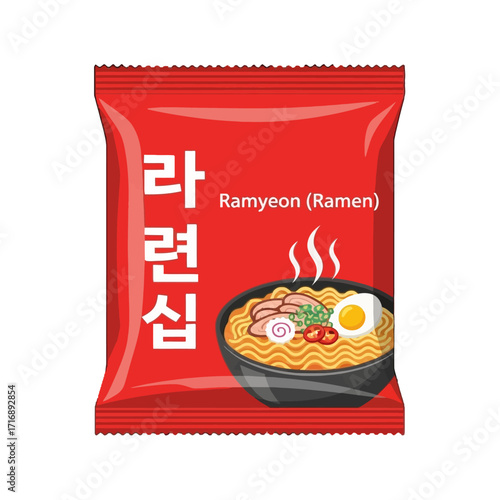 Red package ramyon ramen with bowl ramen noodles, egg, and meat, isolated on transparent