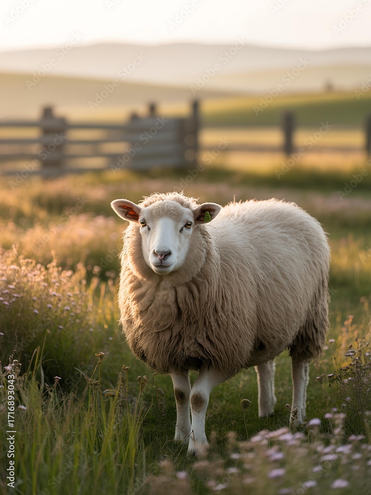 Obraz premium Peaceful Sheep Standing in a Golden Hour Meadow with Wildflowers